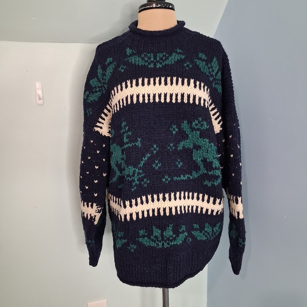 Handmade Fair Isle VTG Wool Sweater Navy Blue Green Chunky Knit Mock Roll Neck